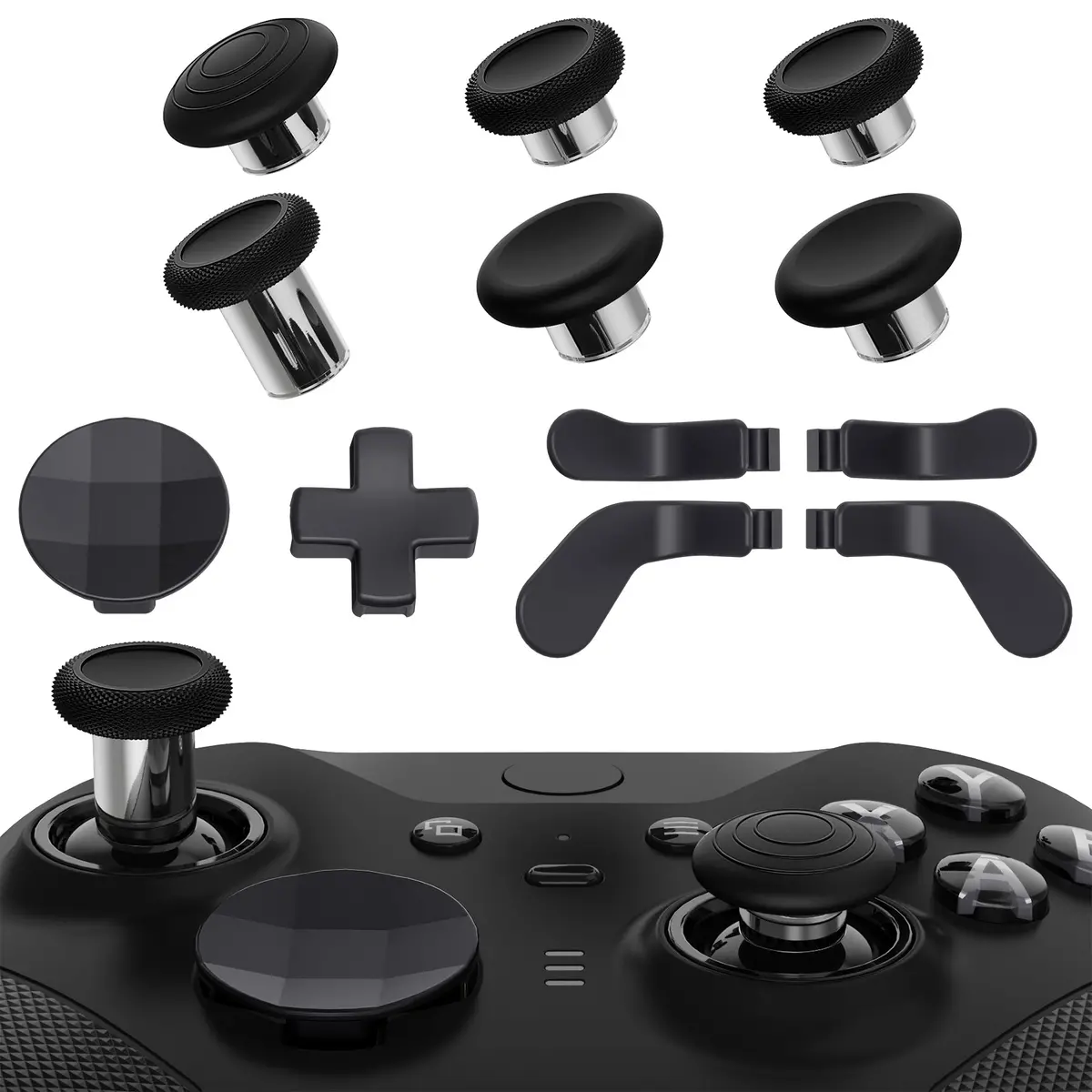 Extremerate 13 In 1 Component Pack Kit Replacement Metal Thumbsticks & D-Pads & Paddles For Xbox Elite Series 2 & Elite 2 Core Controller (Model 1797) - Black & Metallic Silver 1