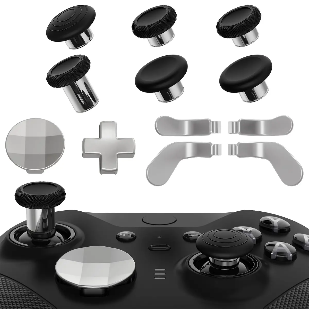Extremerate 13 In 1 Component Pack Kit Replacement Metal Thumbsticks & D-Pads & Paddles For Xbox Elite Series 2 & Elite 2 Core Controller (Model 1797) - Metallic Silver 1