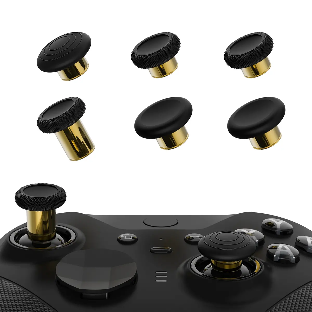 Extremerate 6 In 1 Metal Replacement Thumbsticks For Xbox Elite Series 2 & Elite 2 Core Controller (Model 1797) - Black & Metallic Hero Gold 1