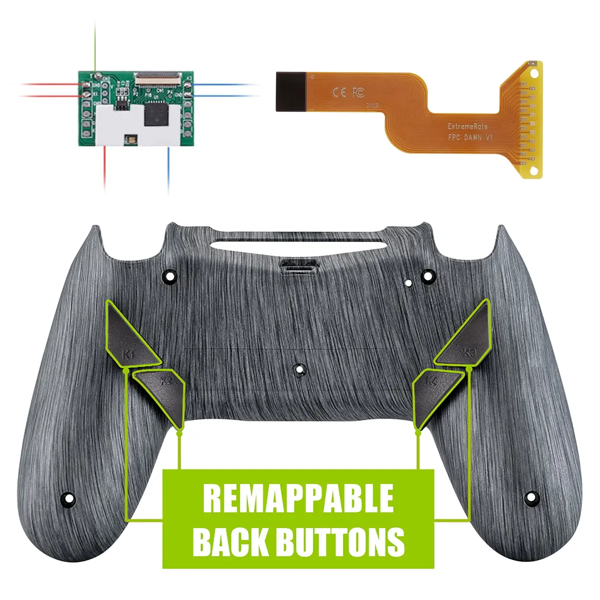 Extremerate Dawn Remappable Remap Kit With Redesigned Back Shell & 4 Back Buttons For Ps4 Controller Jdm 040/050/055 - Brushed Silver Patterned 1