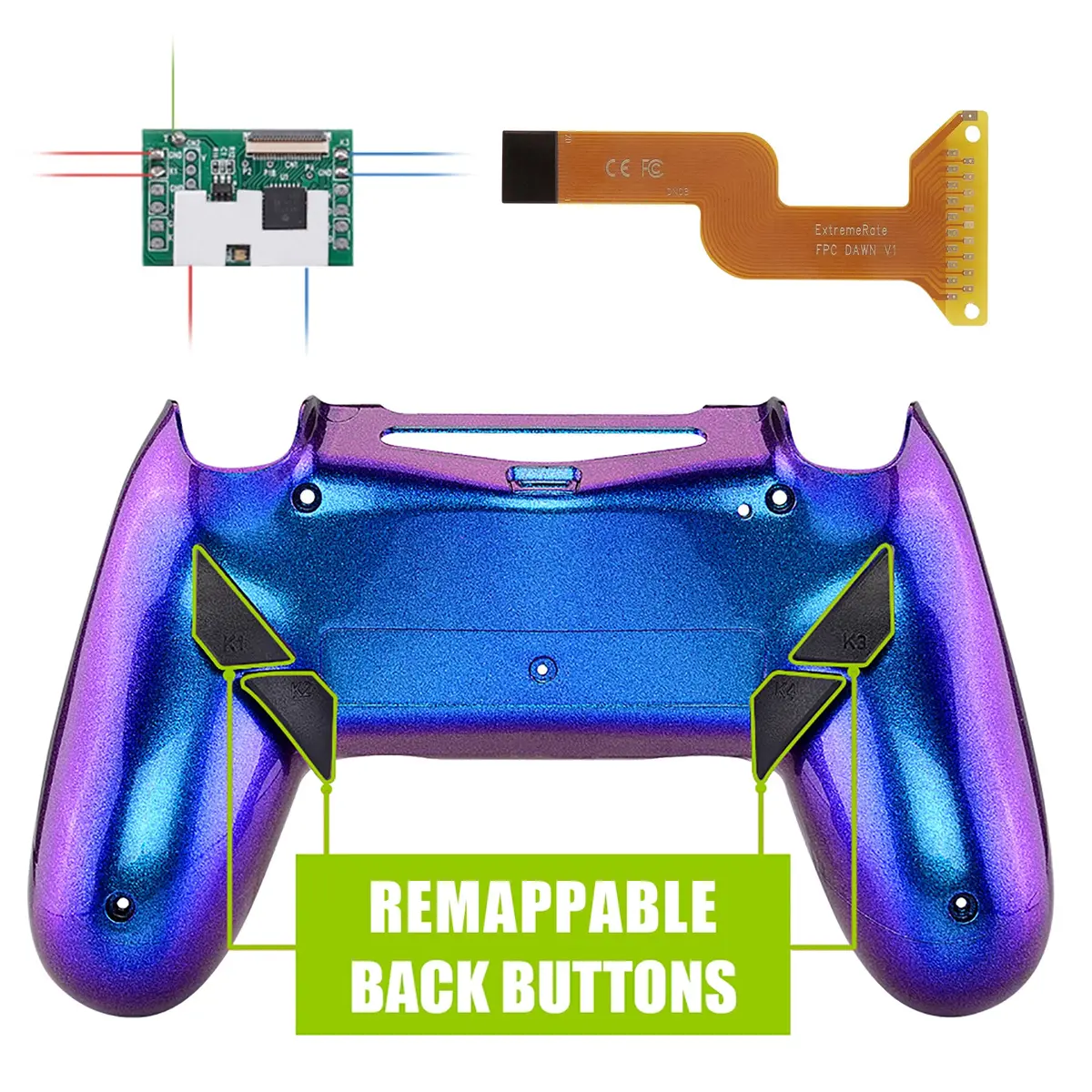 Extremerate Dawn Remappable Remap Kit With Redesigned Back Shell & 4 Back Buttons For Ps4 Controller Jdm 040/050/055 - Chameleon Purple Blue 1