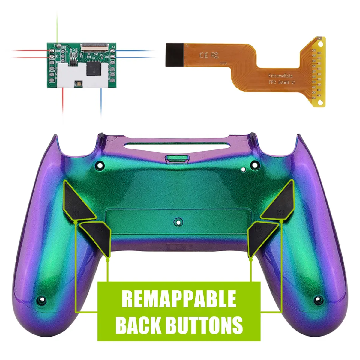Extremerate Dawn Remappable Remap Kit With Redesigned Back Shell & 4 Back Buttons For Ps4 Controller Jdm 040/050/055 - Chameleon Green Purple 1