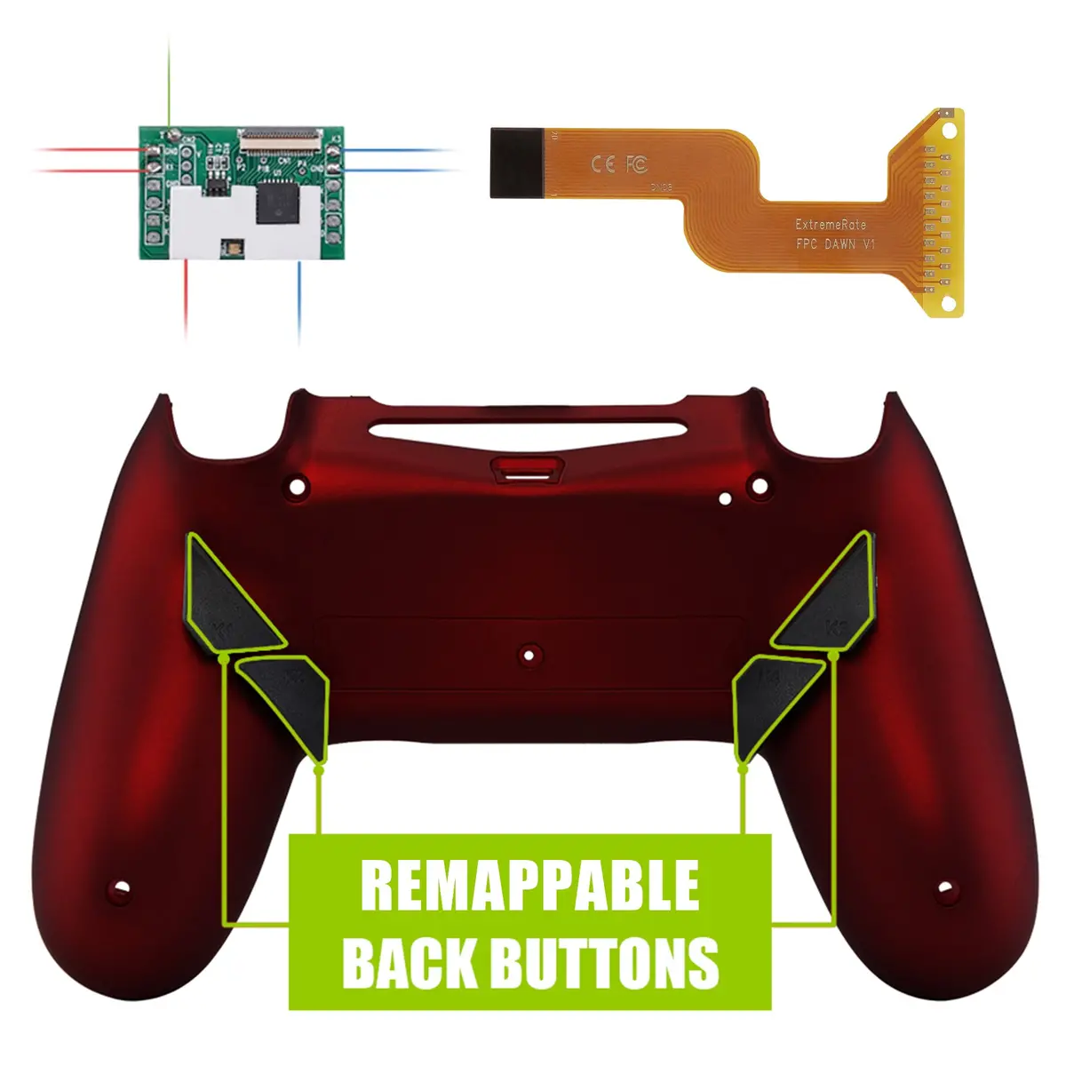 Extremerate Dawn Remappable Remap Kit With Redesigned Back Shell & 4 Back Buttons For Ps4 Controller Jdm 040/050/055 - Scarlet Red 1
