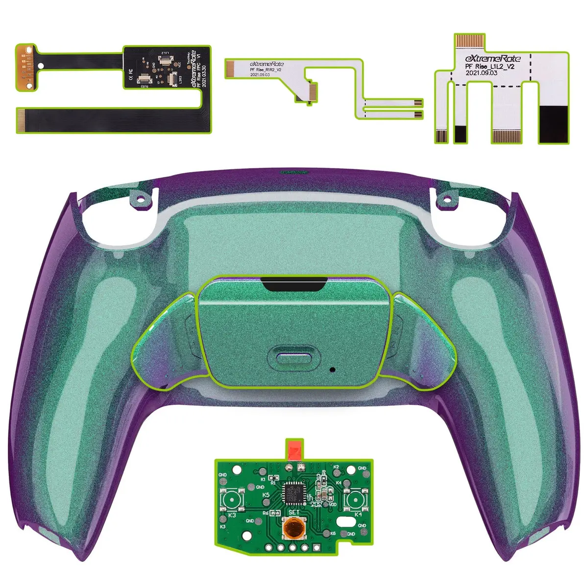 Extremerate Remappable Rise 2.0 Remap Kit For Ps5 Controller Bdm-010 & Bdm-020 - Chameleon Green Purple 1