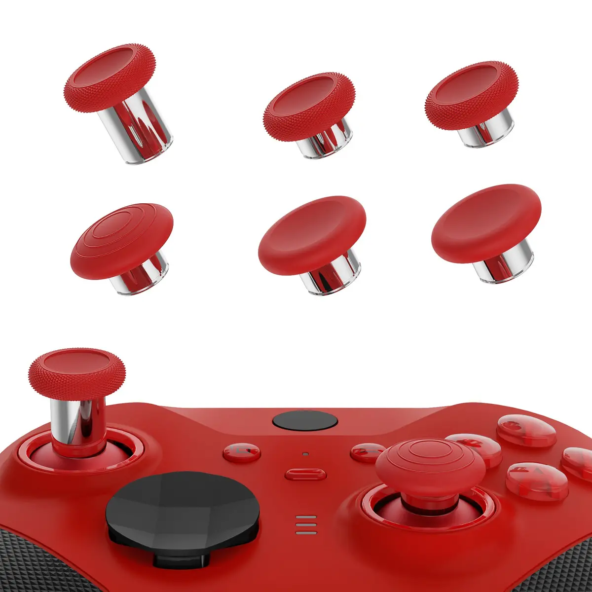 Extremerate 6 In 1 Metal Replacement Thumbsticks For Xbox Elite Series 2 & Elite 2 Core Controller (Model 1797) - Scarlet Red & Metallic Silver 1