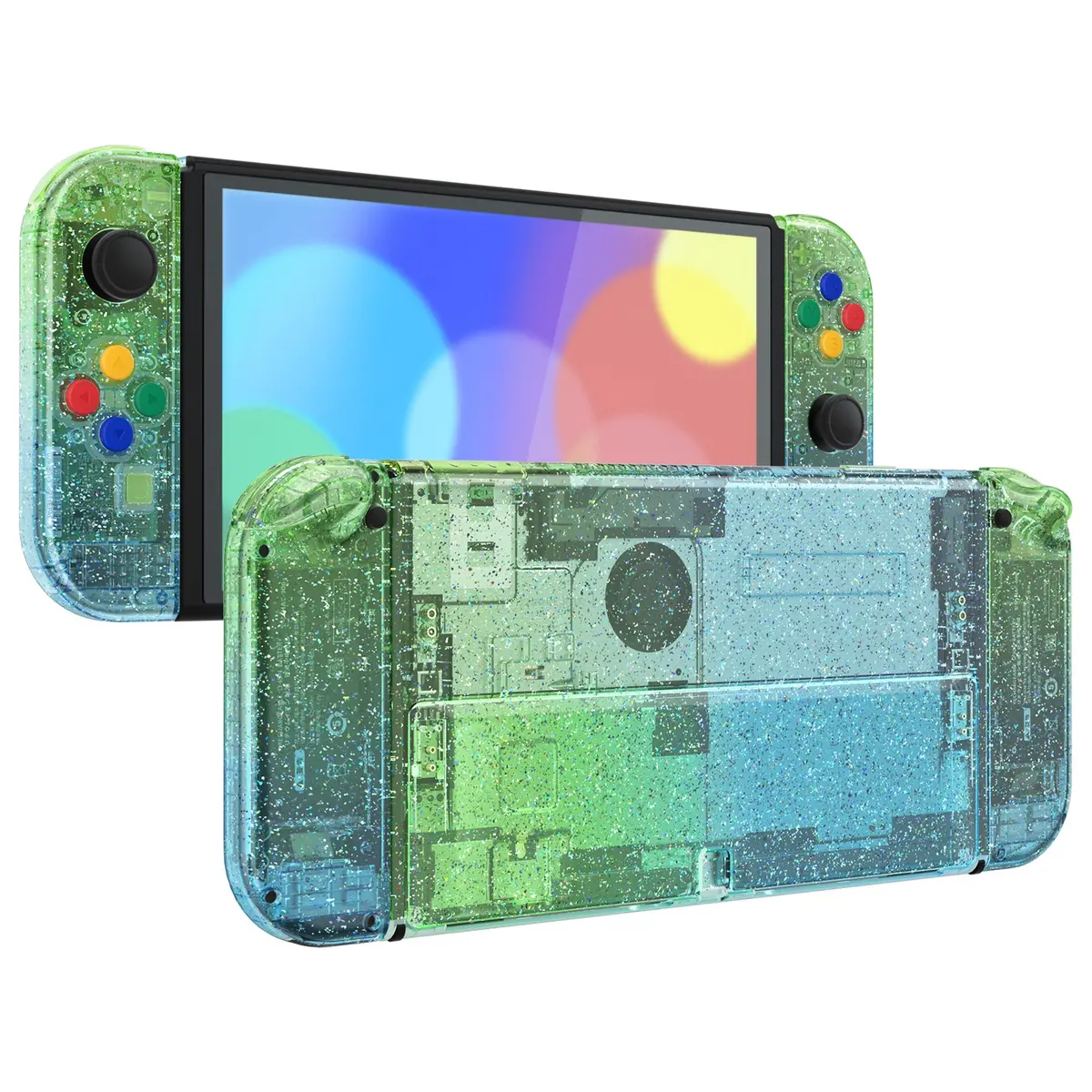 Extremerate Custom Replacement Full Set Shell With Buttons For Nintendo Switch Oled - Glitter Gradient Translucent Green Blue 1