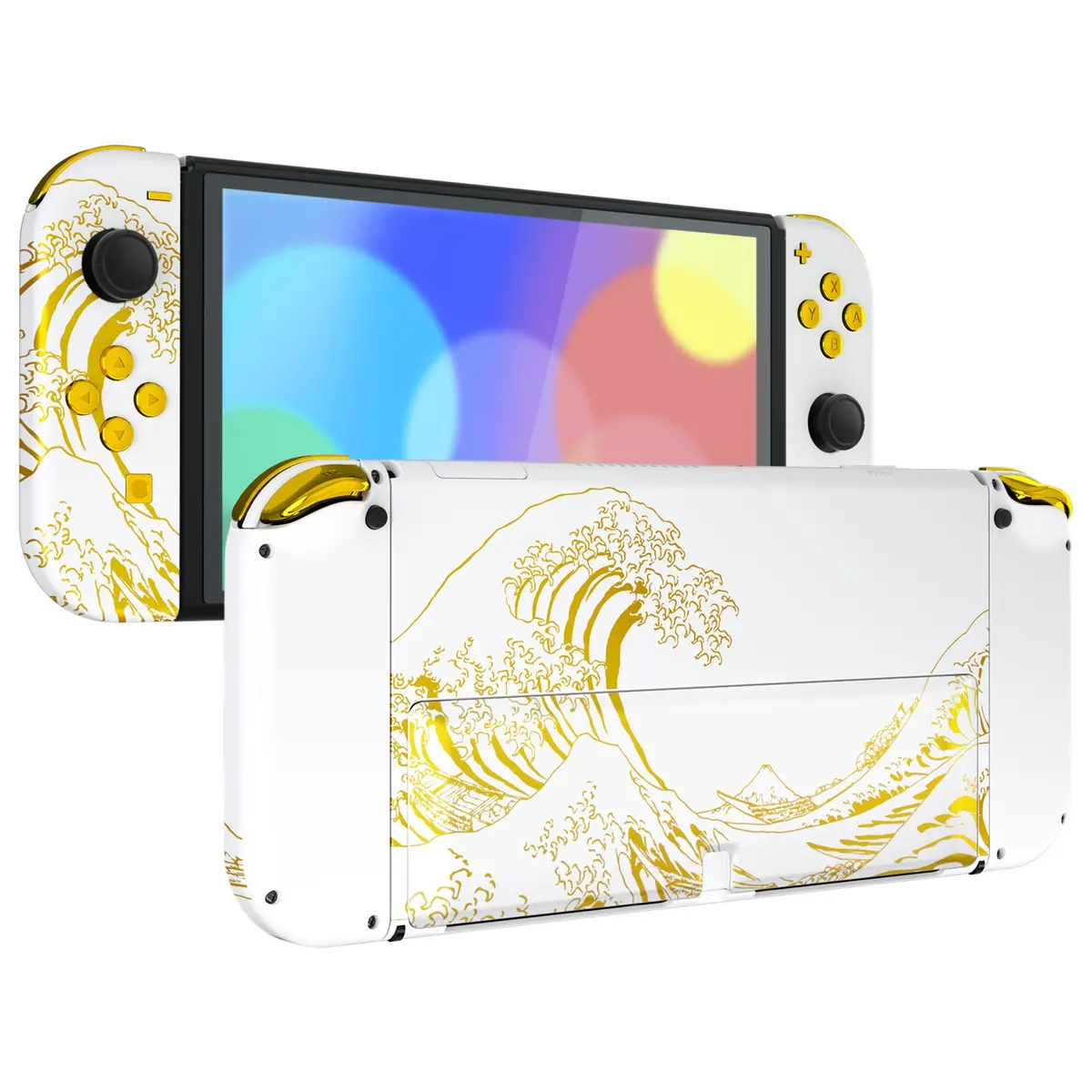 Extremerate Custom Replacement Full Set Shell With Buttons For Nintendo Switch Oled - The Great Golden Wave Off Kanagawa - White 1