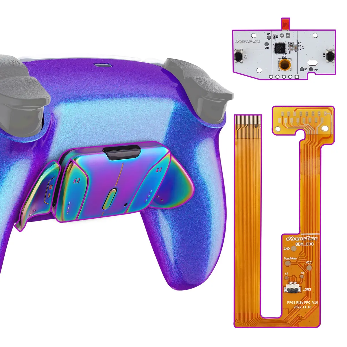 Extremerate Rainbow Aura Blue & Purple Real Metal Buttons (Rmb) Version Rise4 Remap Kit For Ps5 Controller Bdm-030/040/050 - Chameleon Purple Blue 1