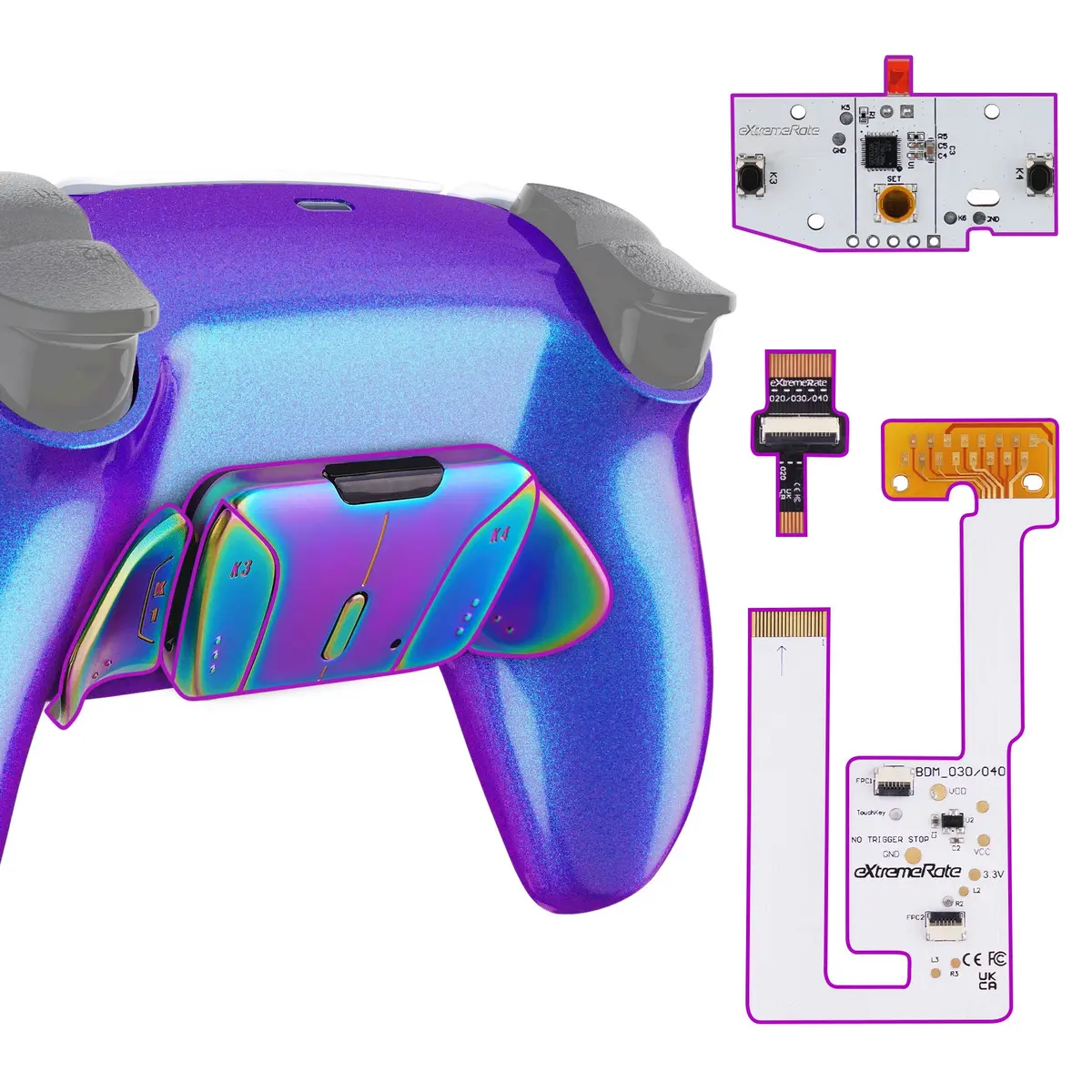 Extremerate Rainbow Aura Blue & Purple Real Metal Buttons (Rmb) Version Rise4 V3 Remap Kit For Ps5 Controller Bdm-030/040/050 - Chameleon Purple Blue 1