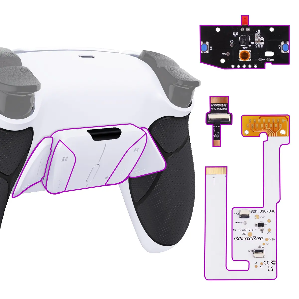 Extremerate Remappable Rise4 V3 Remap Kit For Ps5 Controller Bdm-030/040/050 - Rubberized Black Grips With White Back Paddles 1
