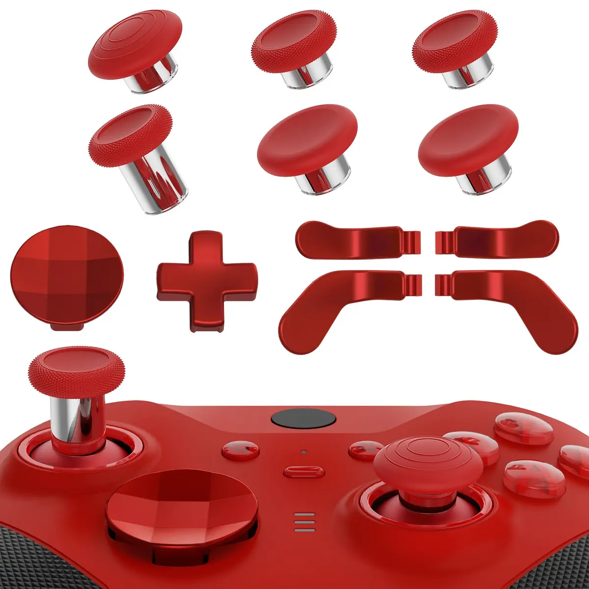 Extremerate 13 In 1 Component Pack Kit Replacement Metal Thumbsticks & D-Pads & Paddles For Xbox Elite Series 2 & Elite 2 Core Controller (Model 1797) - Scarlet Red & Metallic Silver 1